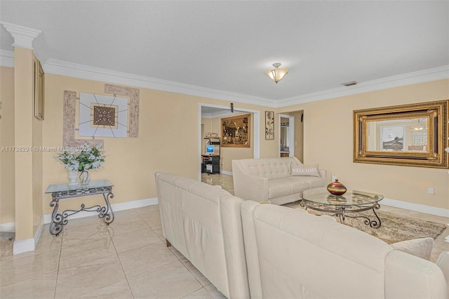 living room with ornamental molding