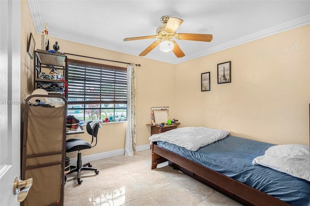 tiled bedroom featuring ornamental molding and ceiling fan