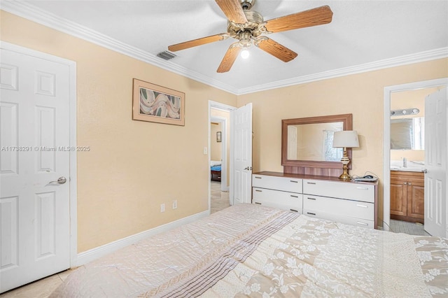 bedroom with crown molding, ceiling fan, and connected bathroom