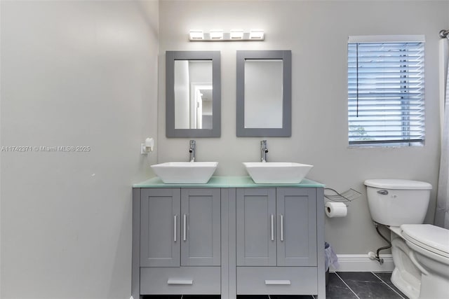 bathroom featuring vanity, tile patterned flooring, and toilet