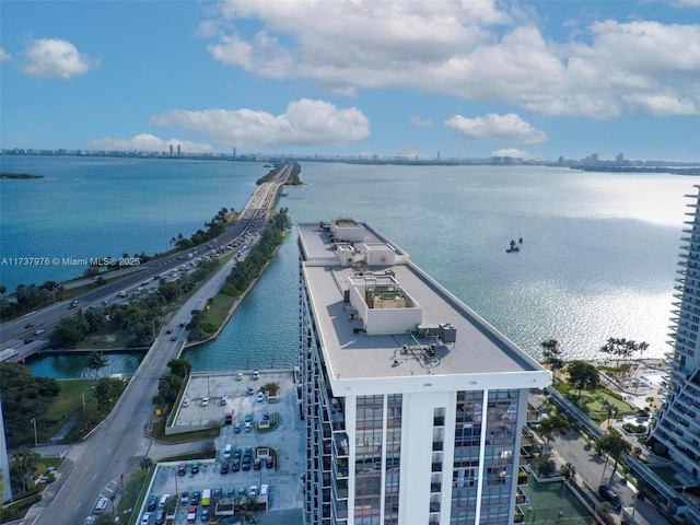 bird's eye view with a water view