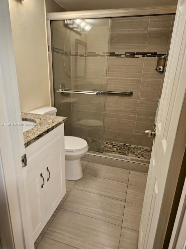 bathroom featuring vanity, toilet, and a shower with door