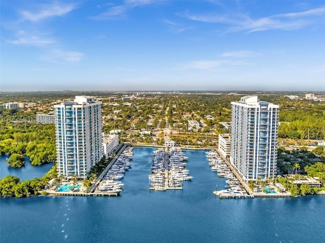 birds eye view of property with a water view