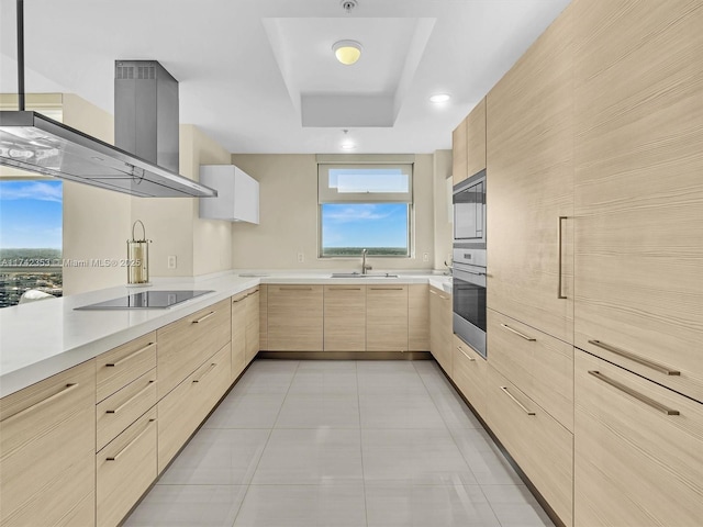 kitchen with appliances with stainless steel finishes, light brown cabinetry, sink, island exhaust hood, and a raised ceiling