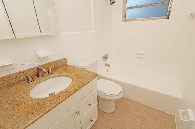 full bathroom featuring tile walls, decorative backsplash, shower / bath combination, vanity, and toilet