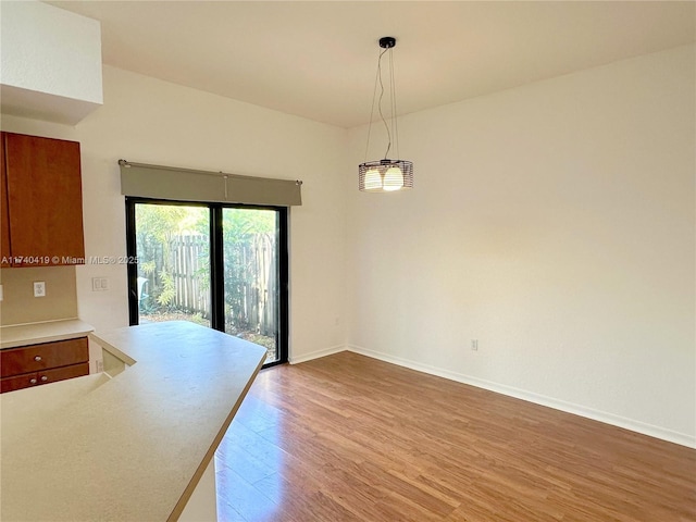 unfurnished dining area featuring baseboards and wood finished floors