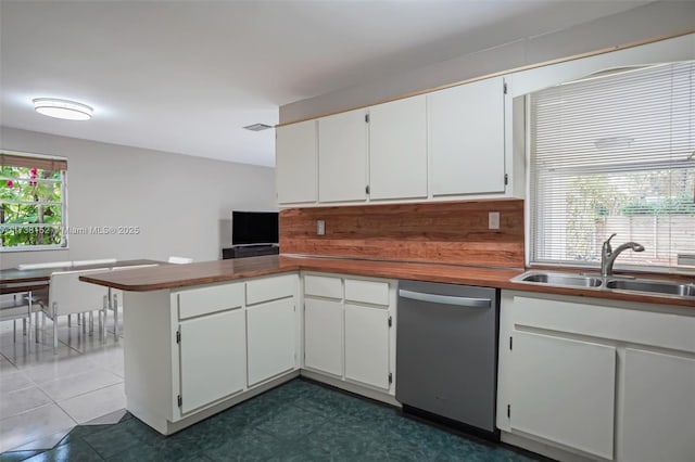 kitchen with sink, stainless steel dishwasher, kitchen peninsula, dark tile patterned flooring, and white cabinets