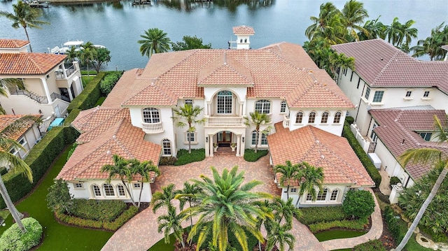 drone / aerial view with a water view