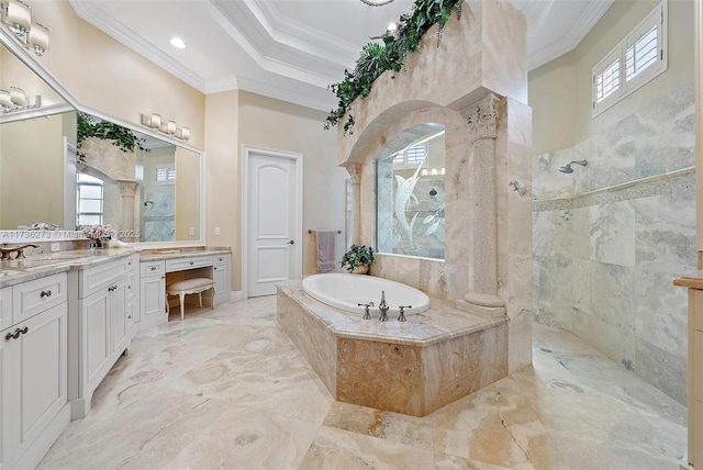 bathroom featuring crown molding, vanity, and plus walk in shower