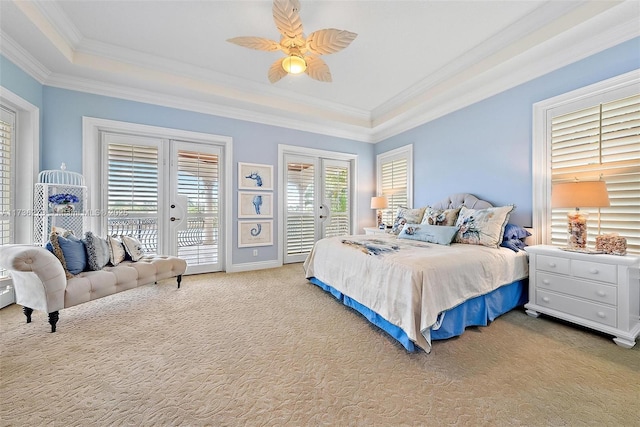 bedroom featuring french doors, crown molding, ceiling fan, light colored carpet, and access to exterior