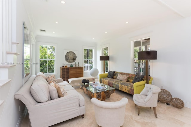 living room with crown molding