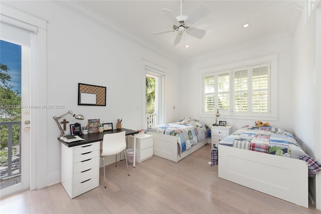 bedroom featuring ceiling fan, ornamental molding, light hardwood / wood-style floors, and access to outside