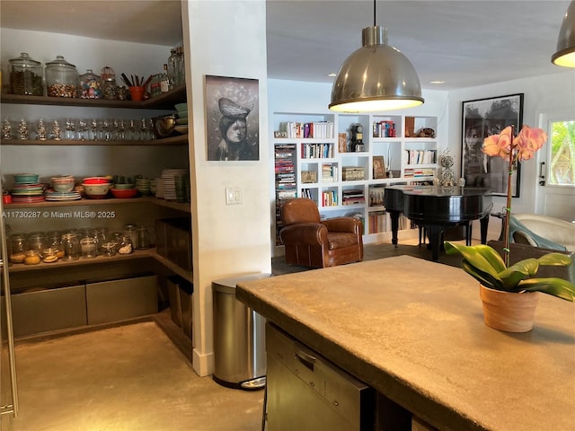 interior space with pendant lighting and built in features