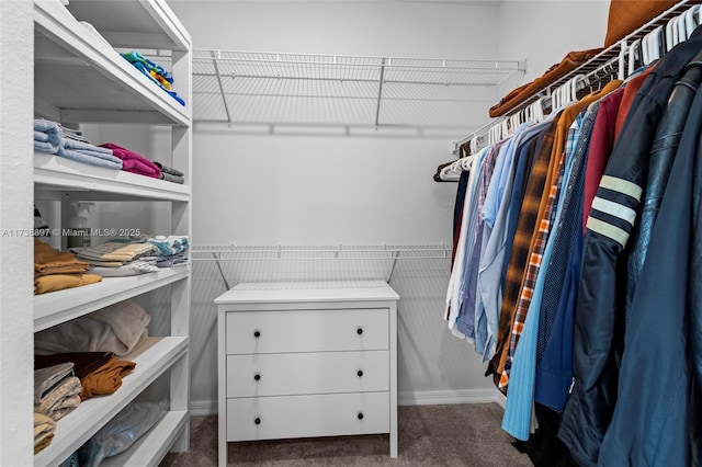 walk in closet featuring dark colored carpet