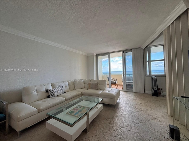 living room with ornamental molding, a textured ceiling, and a water view