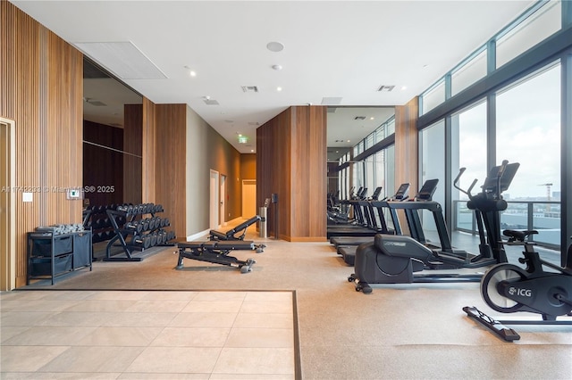 workout area with a wall of windows and wooden walls