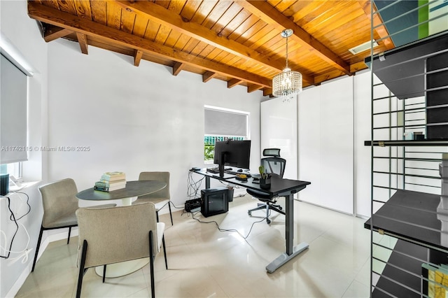 office featuring beamed ceiling, a chandelier, and wood ceiling