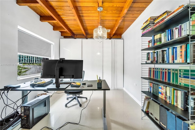 office area featuring a chandelier, light tile patterned floors, wood ceiling, and beam ceiling