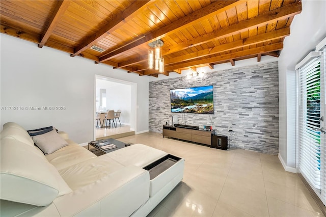 tiled living room with wooden ceiling and beam ceiling