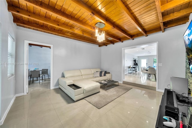 living room featuring light tile patterned floors, wooden ceiling, and beam ceiling