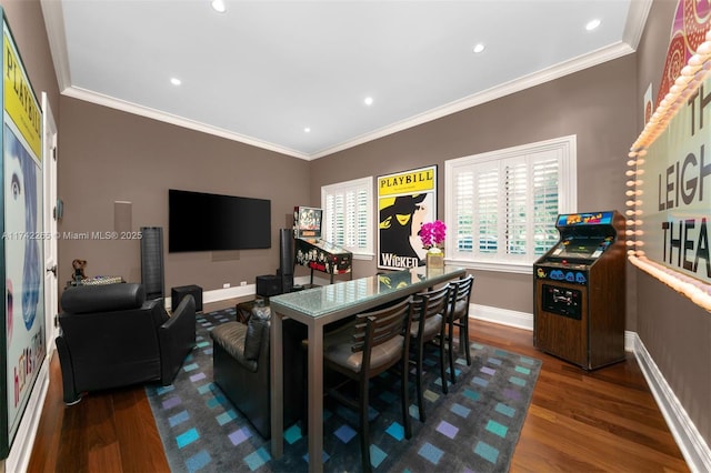 interior space with ornamental molding and dark wood-type flooring