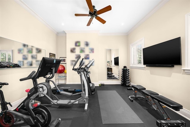 exercise room featuring ceiling fan, crown molding, and a healthy amount of sunlight