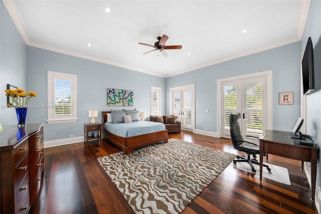 bedroom with multiple windows, dark wood-type flooring, access to outside, and french doors