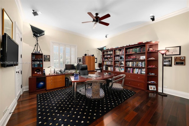 home office with crown molding, dark hardwood / wood-style floors, and ceiling fan