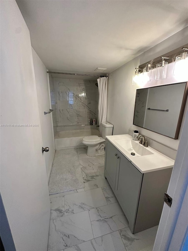 full bathroom with vanity, shower / bath combination with curtain, and toilet