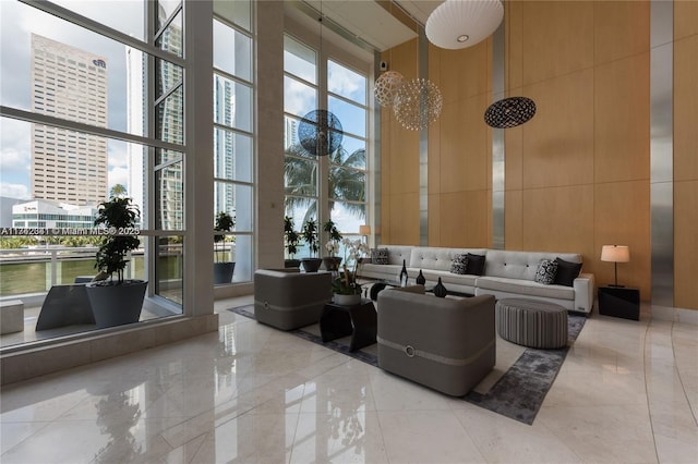 building lobby featuring a water view