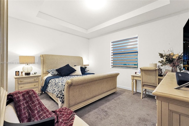 carpeted bedroom featuring a tray ceiling