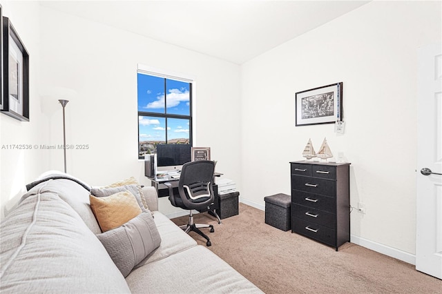 home office featuring light carpet