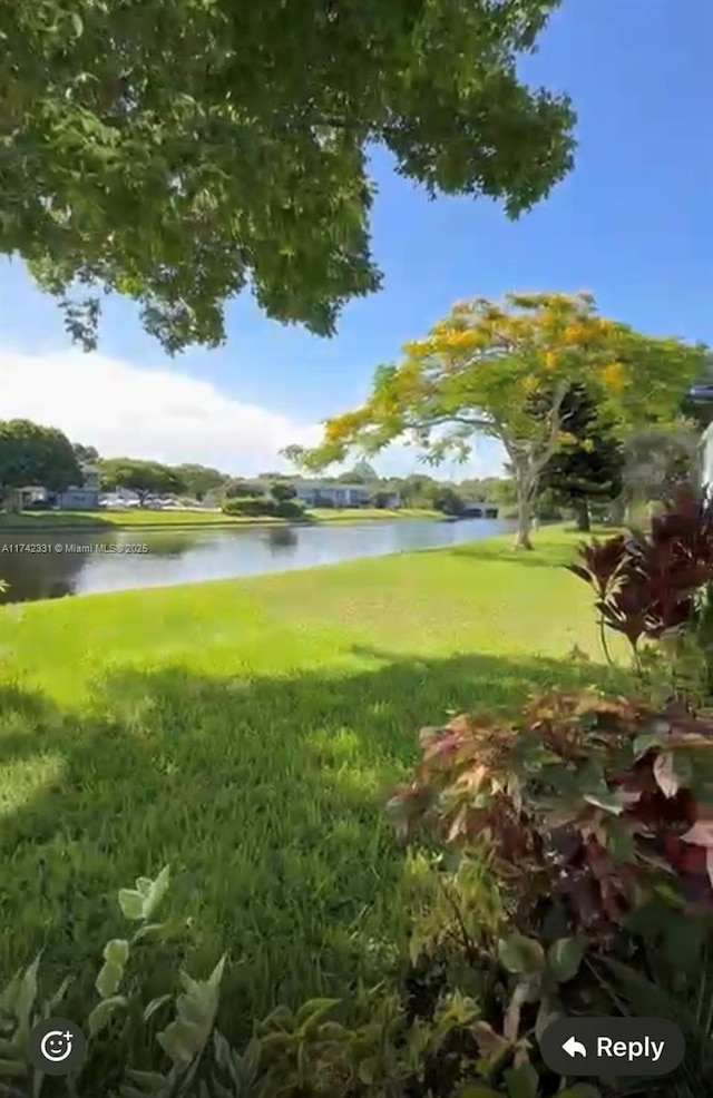 view of home's community featuring a water view and a lawn