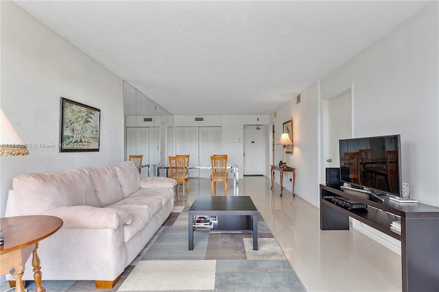 living room with a textured ceiling