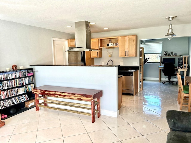 kitchen with hanging light fixtures, light tile patterned floors, a textured ceiling, appliances with stainless steel finishes, and island range hood