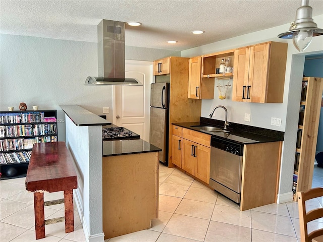 kitchen with light tile patterned flooring, sink, stainless steel appliances, and island exhaust hood