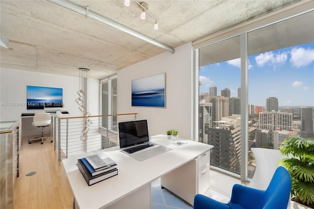 home office with a wall of windows and light hardwood / wood-style floors