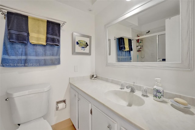 bathroom with a shower with door, vanity, and toilet