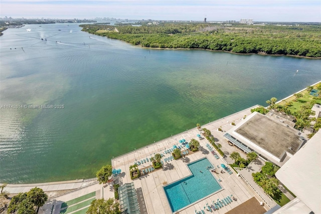 drone / aerial view with a water view