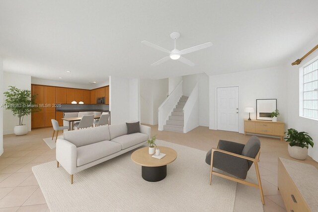 207 Berenger Walk, Royal Palm Beach, FL 33414 - living room with light tile patterned floors, ceiling fan, recessed lighting, and stairway