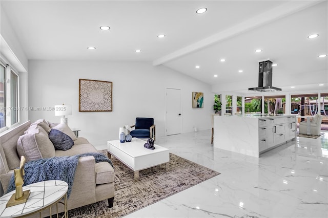 living room featuring lofted ceiling with beams