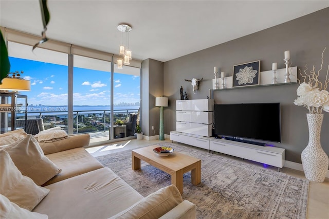living room featuring baseboards and floor to ceiling windows