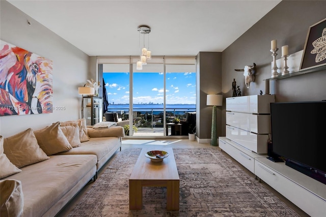 living room with floor to ceiling windows