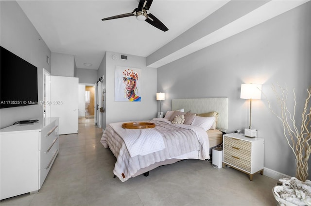 bedroom with a ceiling fan, visible vents, and concrete floors