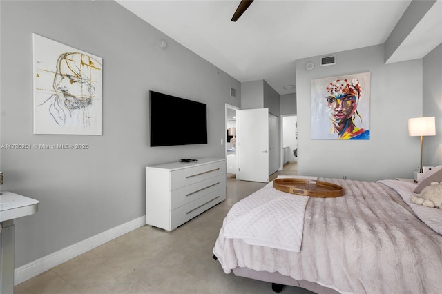 bedroom featuring a ceiling fan, baseboards, and visible vents