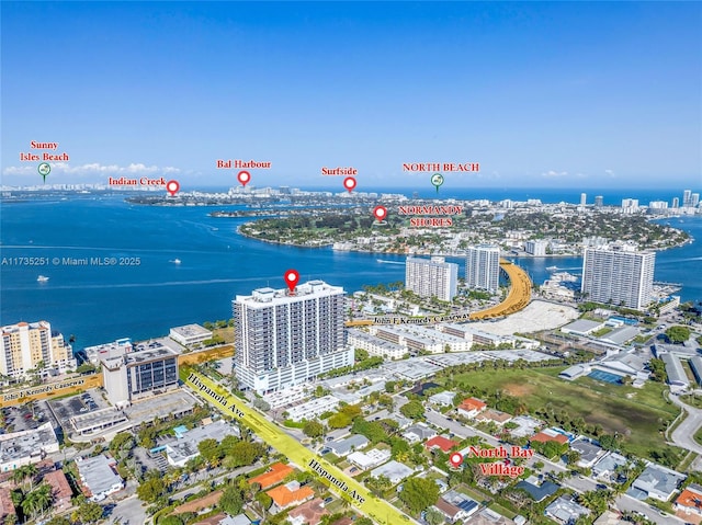 aerial view featuring a water view and a city view