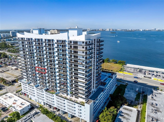 drone / aerial view with a water view