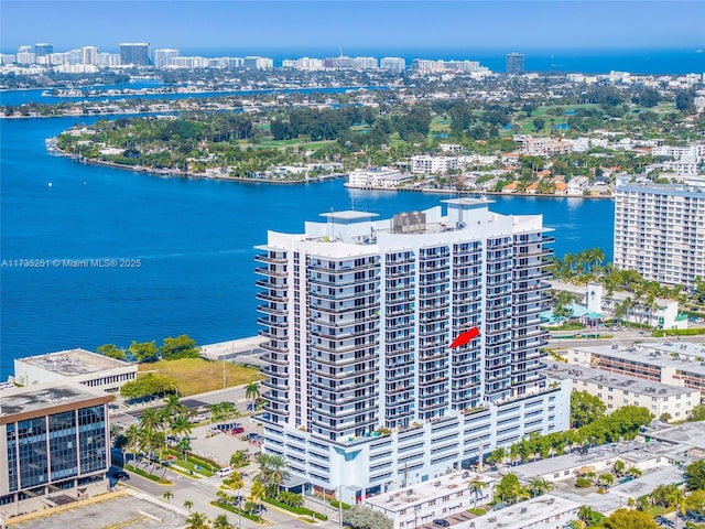drone / aerial view with a water view and a city view