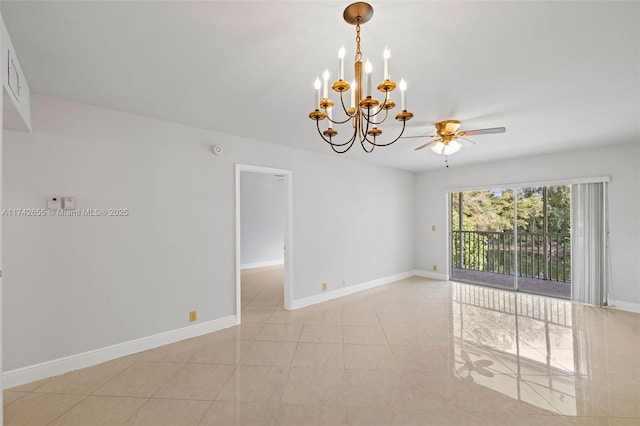 spare room with light tile patterned floors and ceiling fan with notable chandelier