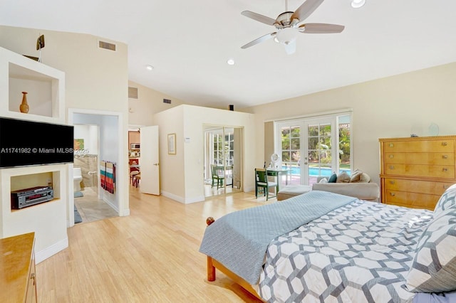 bedroom featuring french doors, high vaulted ceiling, access to outside, hardwood / wood-style flooring, and ceiling fan